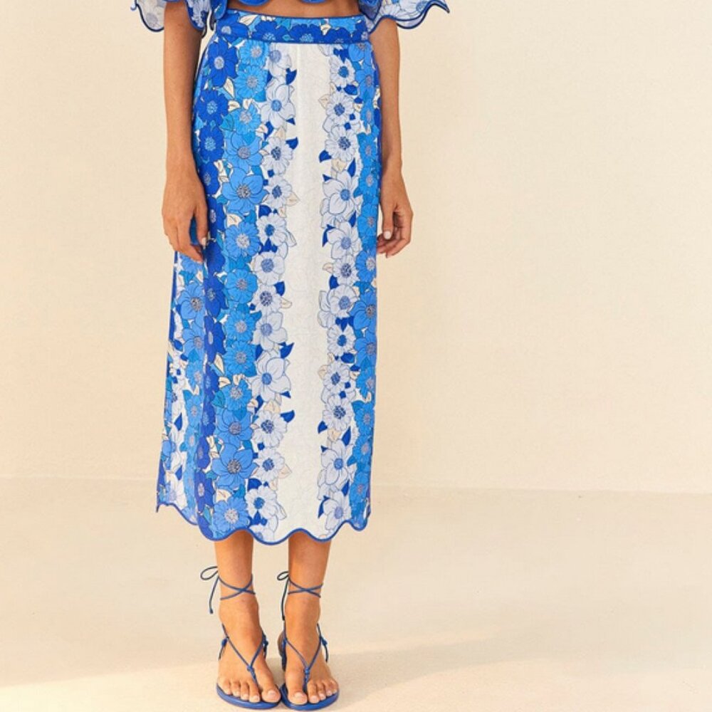 Farm Rio Midi Skirt Blue Flower Stripes Cobalt XL (16) (Anthropologie)